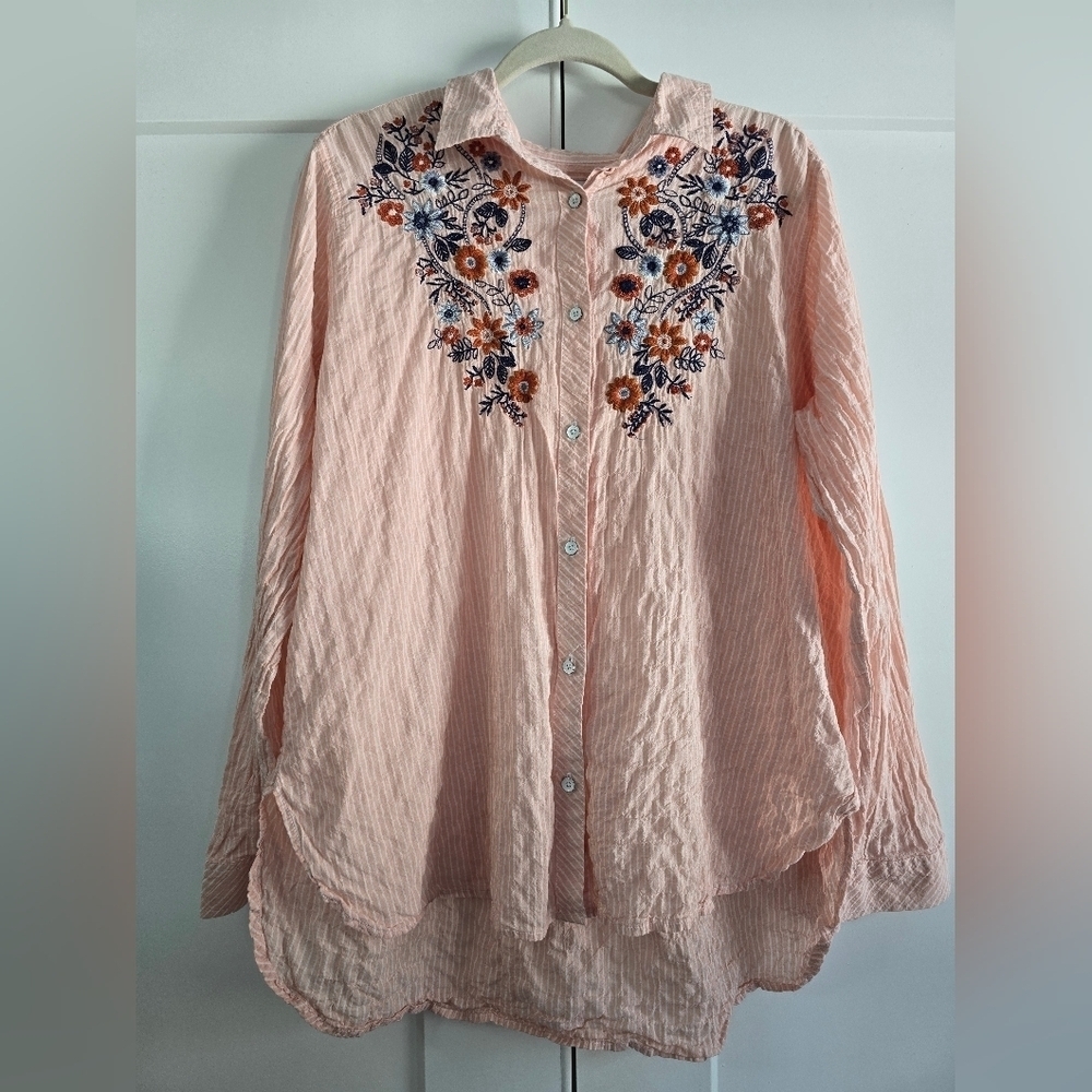 Sonoma Embroidered Pink Button-Up Blouse